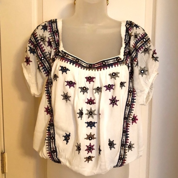 HOST PICK⭐️⭐️⭐️FREE People Ocean Blue Floral Embroidered Top Cropped PERFECT NWT - Picture 7 of 9